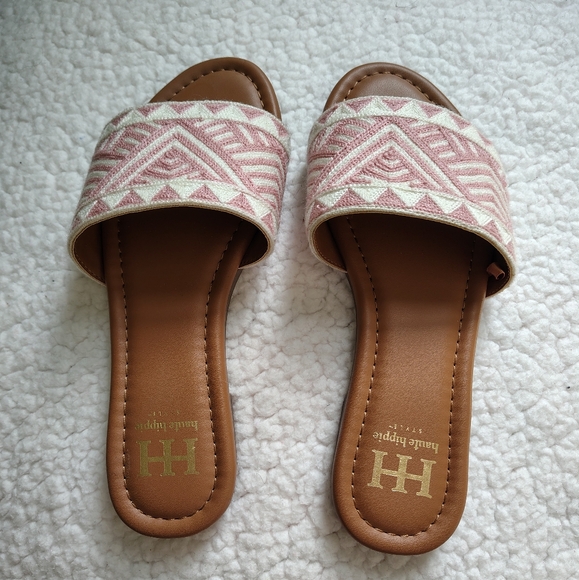 *NWOT* Haute Hippie Women's Size 7.5 Pink White Tan Slip-on Sandals Knit Design - Picture 5 of 6